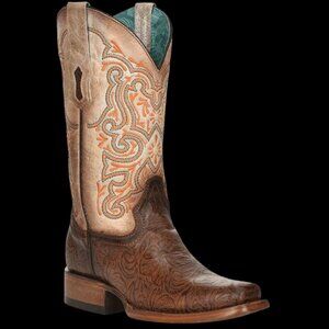Women's Tan Brown Embossed Leather Heeled Cowboy Boot